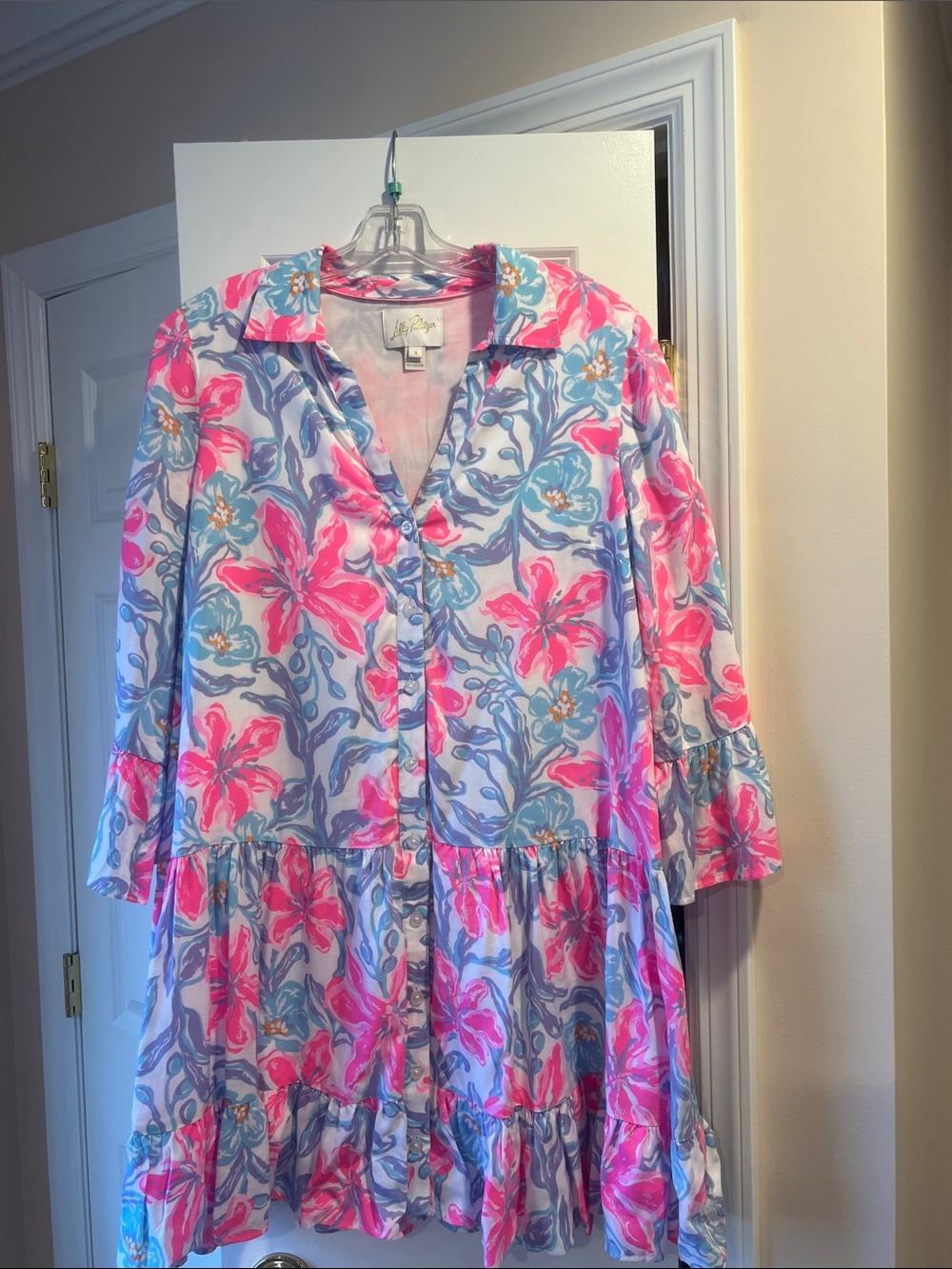 Lilly Pulitzer Pink & Blue Floral Tiered Button-Front Dress